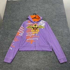 Raw Blue Full Zip Hoodie Kids 3XL Purple Winged Skull Gothic Y2K Streetwear